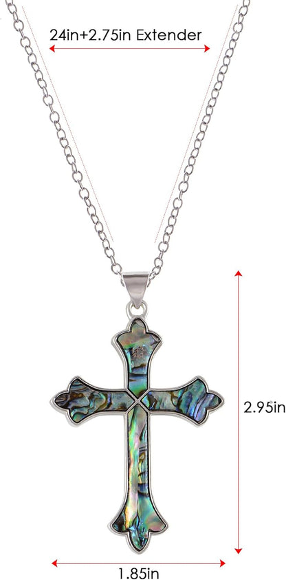Vintage Inspired Silvery Tone Abalone Shell Religious Cross Pendant Necklace