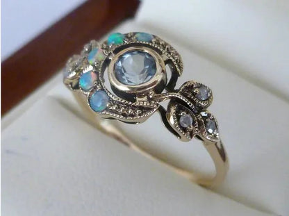 Antique Style Women's Vintage Gold Plated Aquamarine & Opal Moon Ring Anniversary Gift Engagement Bridal Wedding Jewelry Rings Size 5-10