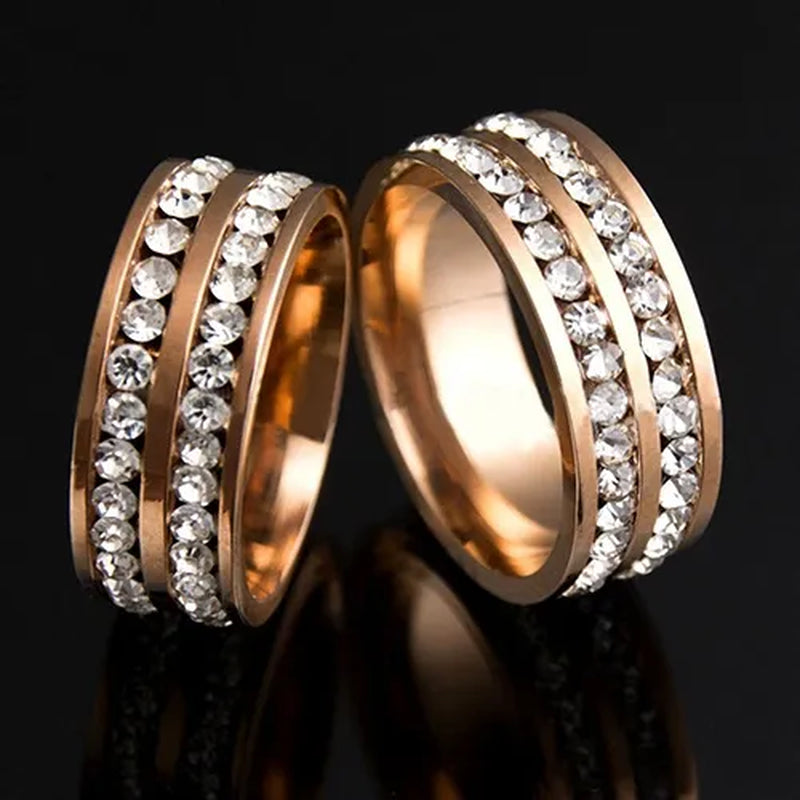 Womens Men's Fashion Double Rows Crystal gold silver black Titanium Steel Wedding Jewelry Ring 6-11