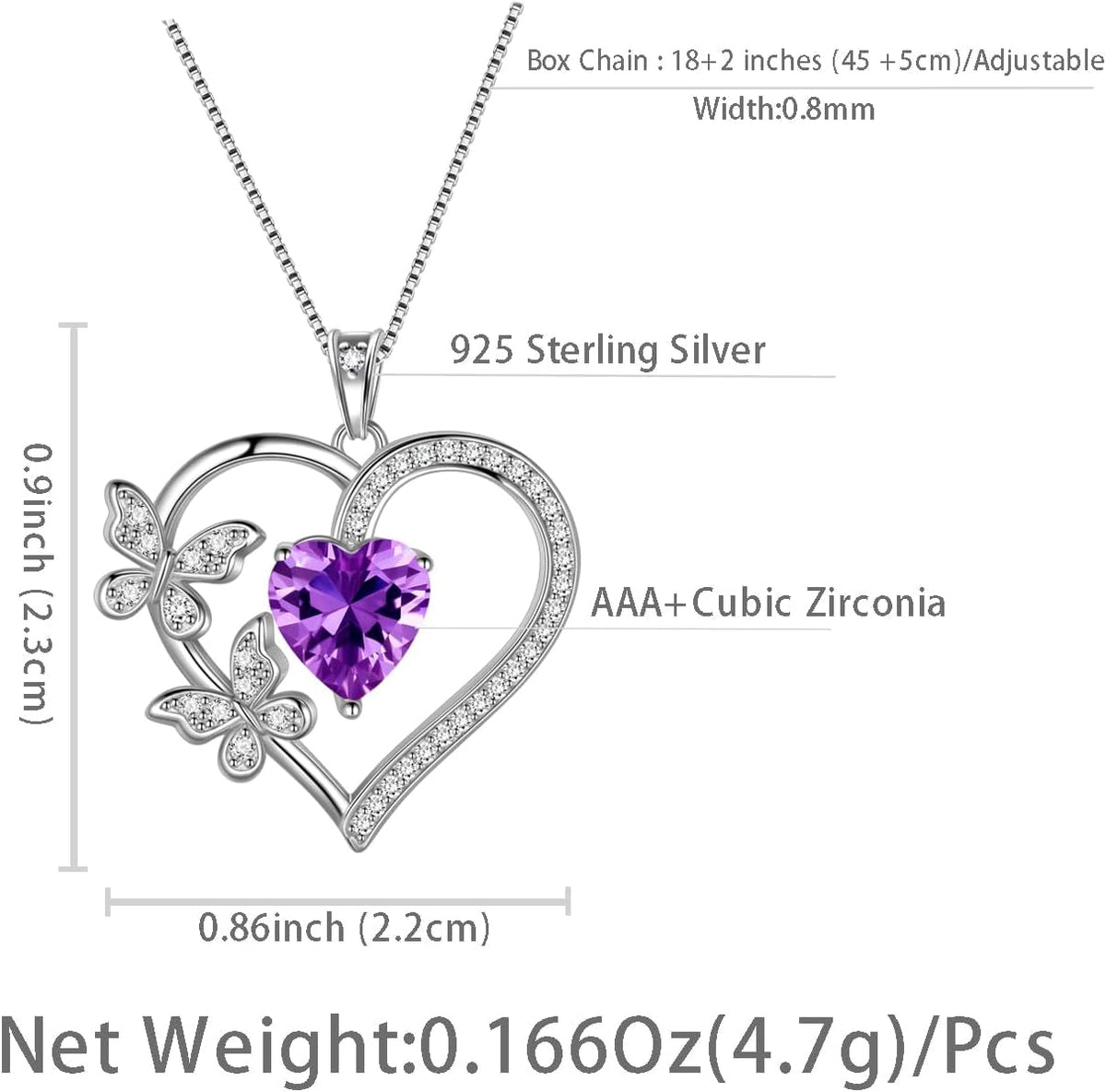 Heart Butterfly Pendant Necklace - 925 Sterling Silver Birthstone Heart Crystal Necklace Gifts for Women Jewelry Mothers Day Valentines Birthday Gifts for Girls