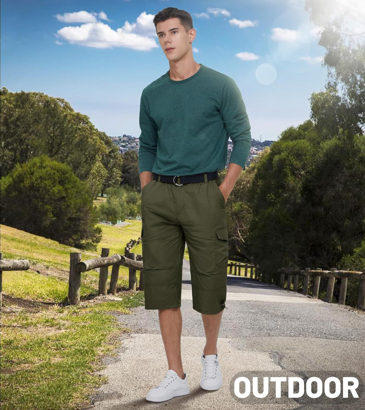 Men'S Cargo Shorts Casual Twill Elastic 3/4 Capri Pants below Knee Long Shorts with 7 Pockets