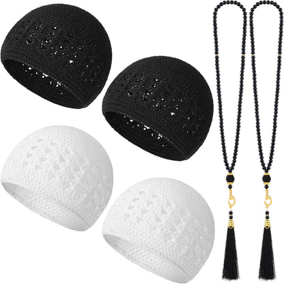 6 Pieces Kufi Hats and Muslim Prayer Beads for Men Prayer Cap Breathable Skull Crochet Cap Muslim Tasbih 99 Beads Muslim Ramadan Gifts Helmet Liner Black White