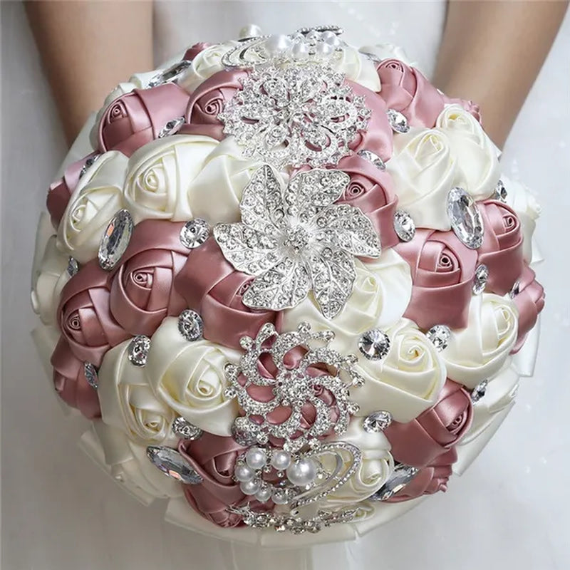 18cm Brooches Bridal Wedding Bouquet Lake Blue Ivory Sation Rose Flowers Decoration Wedding Accessories Ramos De Novia Bridesmaid Holding Bouquets