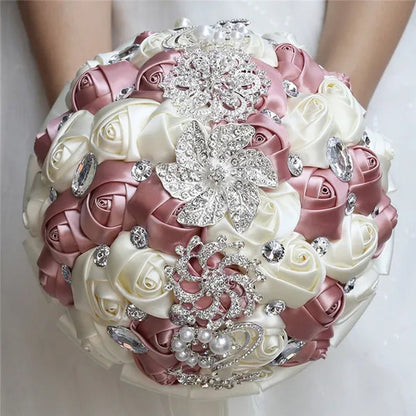 18cm Brooches Bridal Wedding Bouquet Lake Blue Ivory Sation Rose Flowers Decoration Wedding Accessories Ramos De Novia Bridesmaid Holding Bouquets