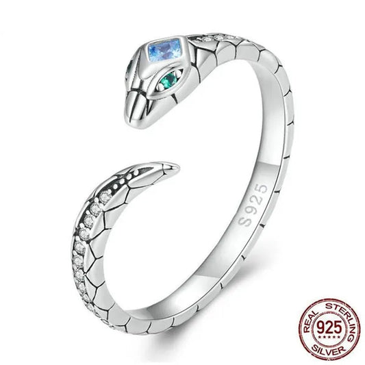 925 Sterling Silver Snake Shape Opening Ring for Women Shiny Zircon Ring
