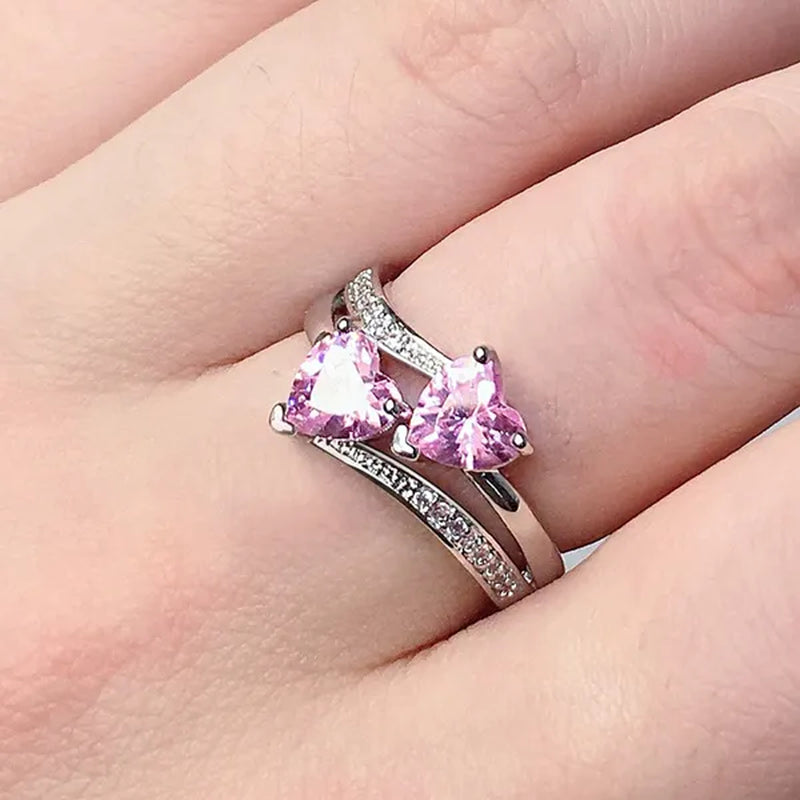 Fashion Elegance Silver Color Double Heart-Shaped Zircon Birthstone Bridal Princess Wedding Engagement Party Ring Size 5-11