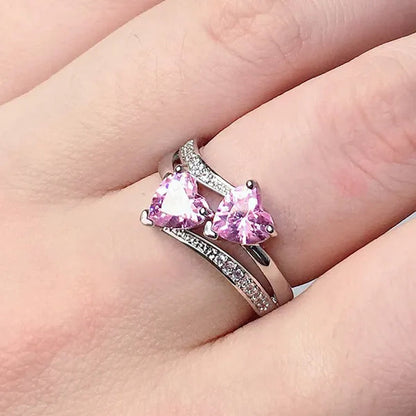 Fashion Elegance Silver Color Double Heart-Shaped Zircon Birthstone Bridal Princess Wedding Engagement Party Ring Size 5-11
