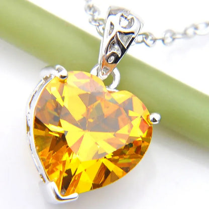 Excellent Shine Heart Fire Royal Citrine Yellow Cubic Zirconia Gems Silver Pendant Necklace