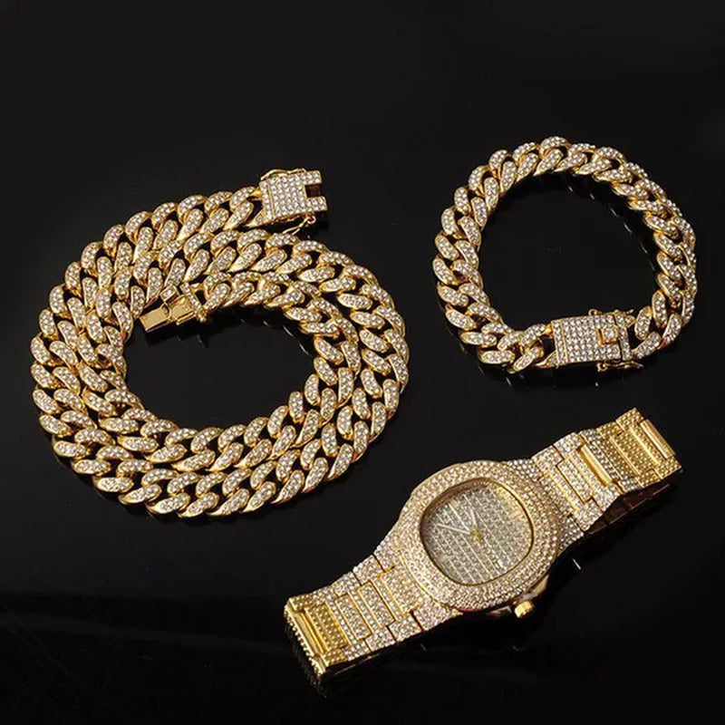 Fashion Gold Stainless Steel Hip Hop Jewelry Iced Out Diamond Thick Miami Cuban Link Chain Necklace Bracelet Watch Ring Jewelry Set