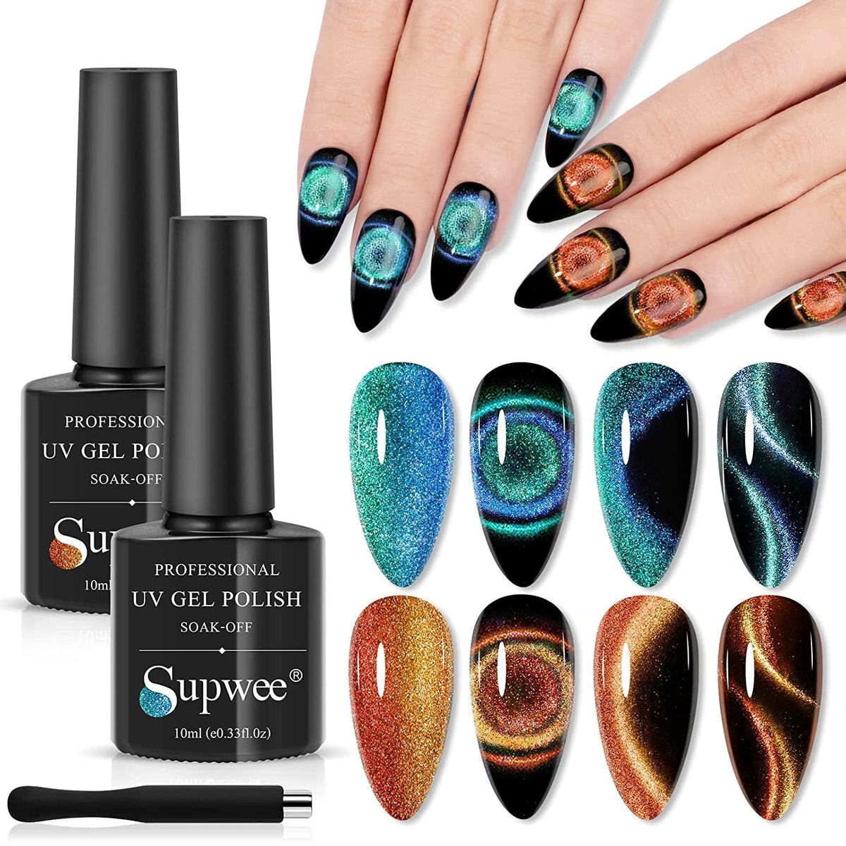 Reflective Cat Eye Gel Nail Polish Sparkling Holographic Magnetic Nail Polish Gel 9D Cateye Gel Polish Set 12 Colors with Magnet for Home DIY Manicure Nail Salon