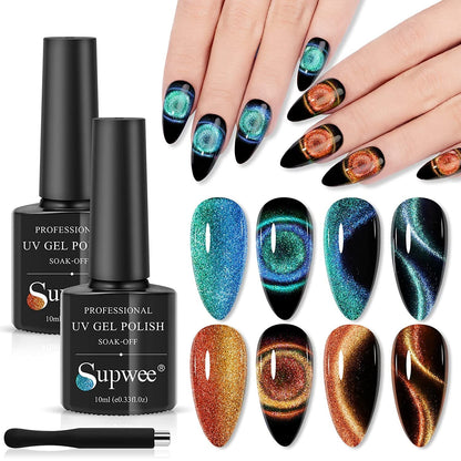 Reflective Cat Eye Gel Nail Polish Sparkling Holographic Magnetic Nail Polish Gel 9D Cateye Gel Polish Set 12 Colors with Magnet for Home DIY Manicure Nail Salon