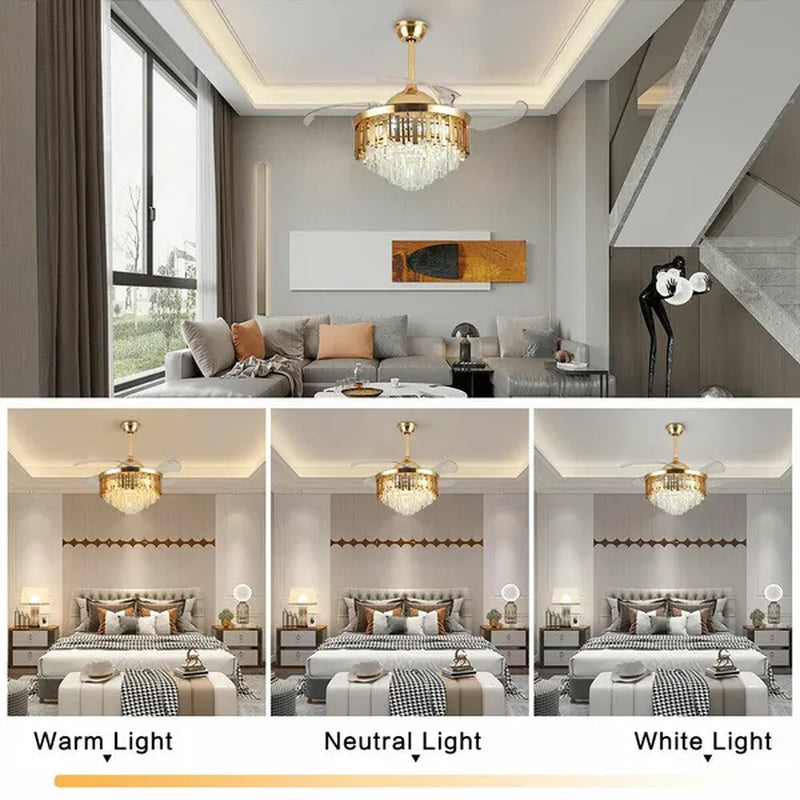 Luxury 42" Crystal Chandelier Modern Ceiling Fan Light Lamp CCT Dimmable Remote
