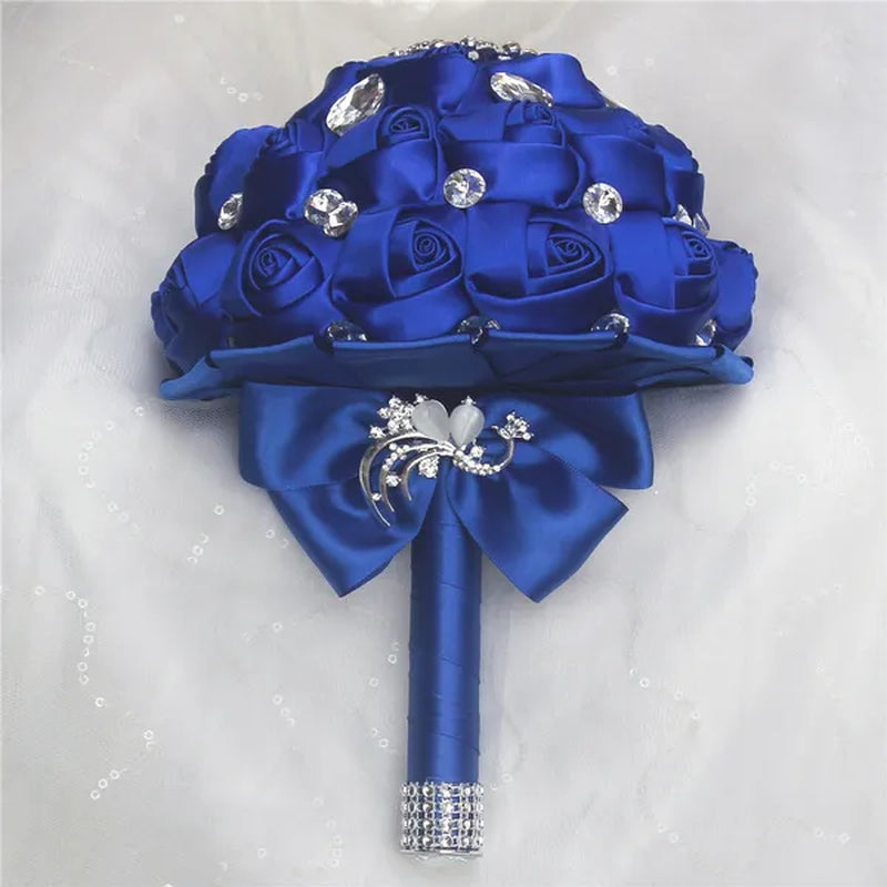 Private Custom Wedding Flower Bride Bouquet 18CM Silk Rose Wedding Bouquet Crystal Brooch Ribbon Bow Bride Bridesmaid Holding Flowers