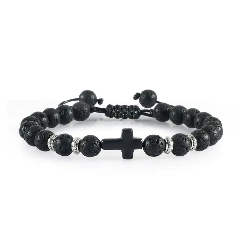 Handmade Natural Stone Wooden Beaded Bracelet Christian Jesus Cross Braided Bracelets Men Women Prayer Yoga Jewelry Gift