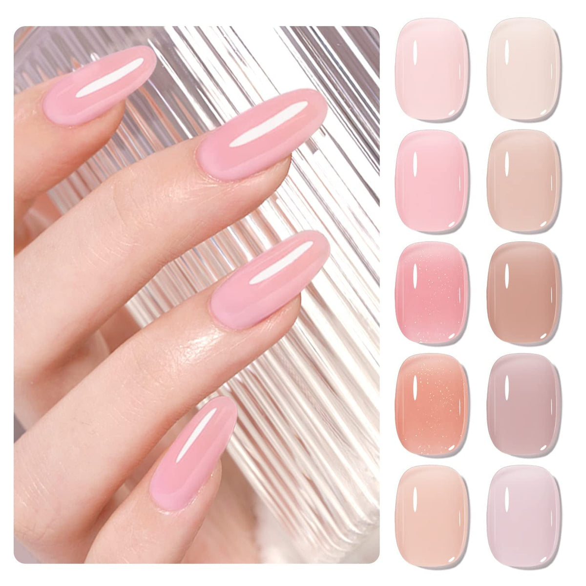 Jelly Pink Gel Nail Polish Set of 10 Colors Nude Gel Polish Kit UV LED Soak off Nail Polish Gel Home DIY Manicure Nail Art Salon Varnish