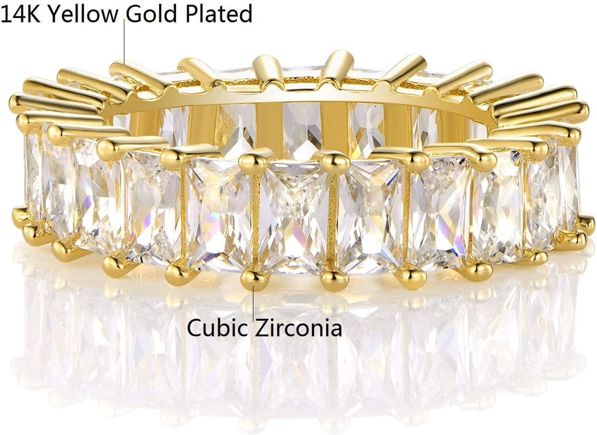 18K Gold Plated Ring Cubic Zirconia Emerald Cut Eternity Rings Gold Wedding Band