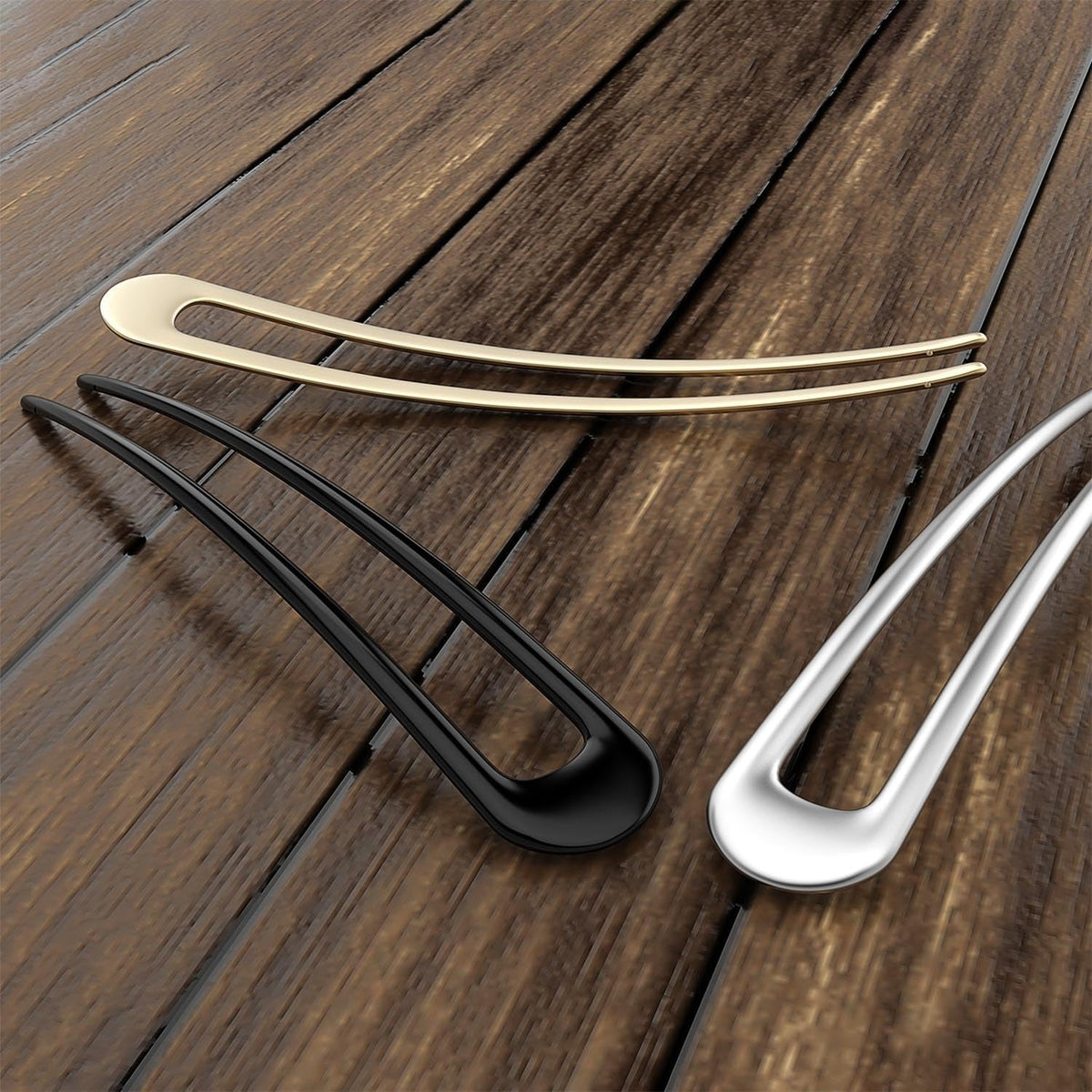 French Hair Pins Metal Hair Forks U Shaped Long Chignon 2 Prong Sticks for Women Hair Accessories (Black, Gold, Silver) 3Pcs