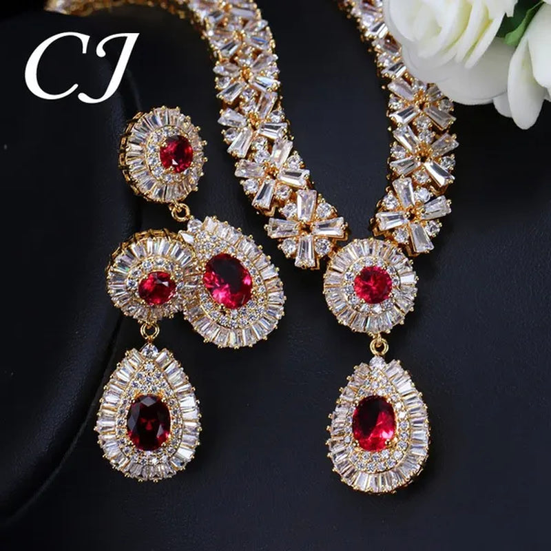 CANDICE African Gold Plating Hand-Inlay CZ Pendant Necklace and Earrings Gorgeous Dubai Women Wedding Party Tear Drop Jewelry Set with Red Crystal