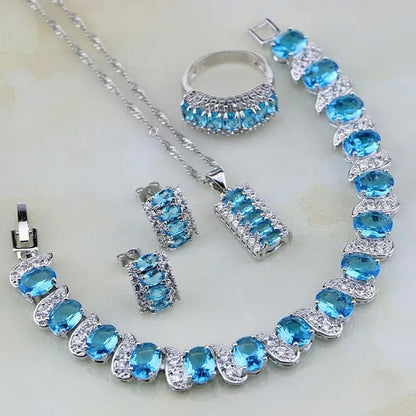 925 Silver Jewelry Set Classic Sky Blue White Topaz For Women Wedding Earring/Pendant/Necklace/Bracelet/Ring 4PCS