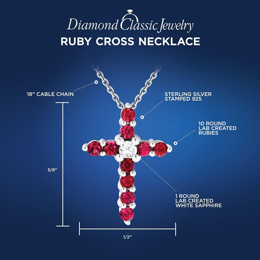 Lab Created Ruby Pendant Necklace Cross in Sterling Silver - 18 Inch Chain