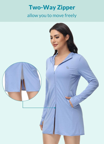 Women'S Long Sleeve Zip Beach Coverup UPF 50+ Sun Protection Hooded Cover up Shirt Dress with Pockets