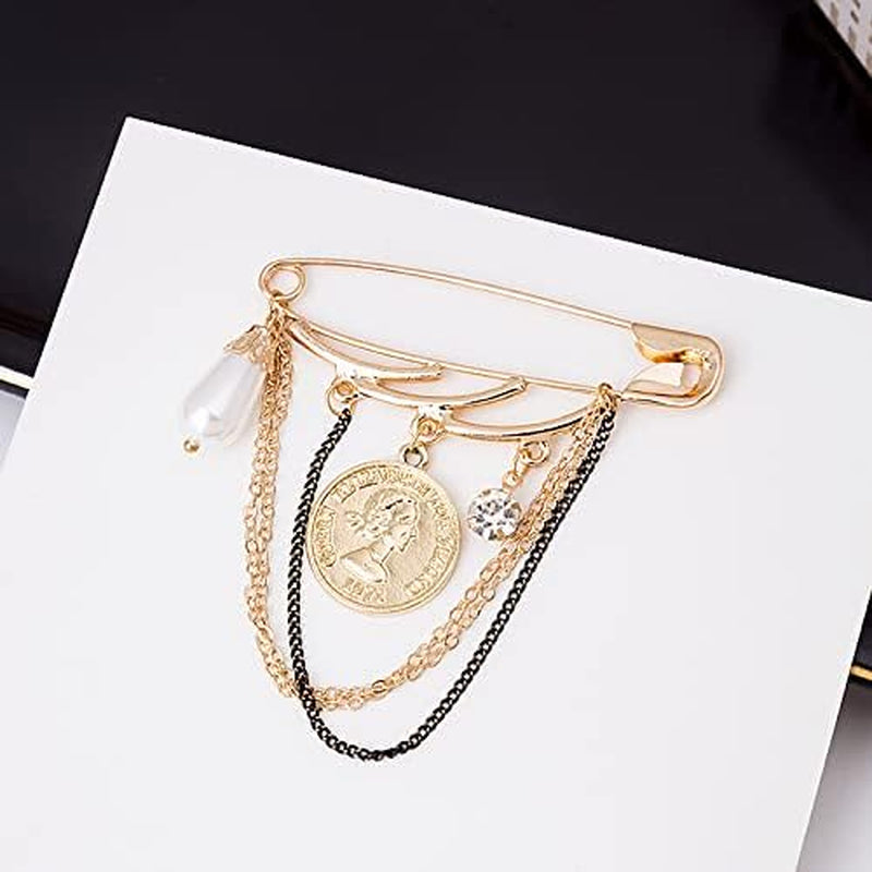 Paper Clip Long Chain Tassel Brooch Pin Waterdrop Pearl Crystal Dangle Lapel Pin Gold Coin Badge Brooch for Women Men Girls Sweater Shawl Clips Collar Pin