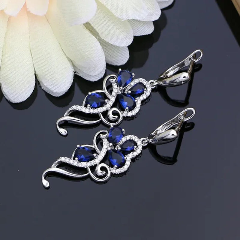 Blue Sapphire Silver 925 Jewelry Set White Topaz Charm for Women Stones Leaves Earrings Rings Bracelet Necklace Set