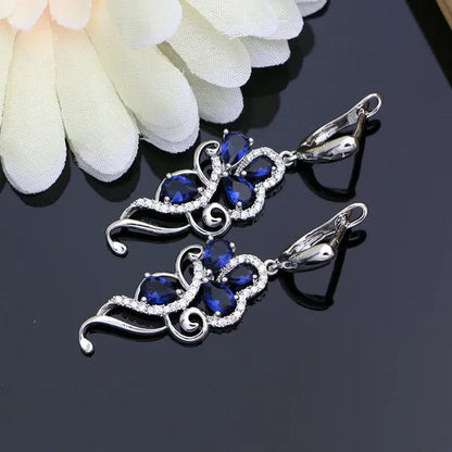 Blue Sapphire Silver 925 Jewelry Set White Topaz Charm for Women Stones Leaves Earrings Rings Bracelet Necklace Set