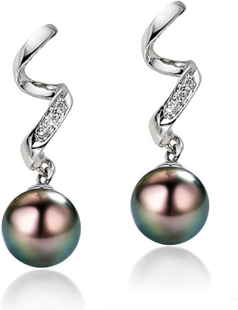 Elegant AAA Quality Genuine 8.5-9.5Mm Tahitian Black Pearl Dangle Drop Earrings - Birthday Anniversary Jewelry Gifts for Women