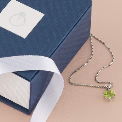 Solid 14K White Gold Peridot Pendant for Women, Genuine Gemstone Classic Solitaire, Cushion Cut, 6Mm, 1 Carat Total, Real Gold Peridot Jewelry, August Birthstone Necklace, W/Jewelry Box