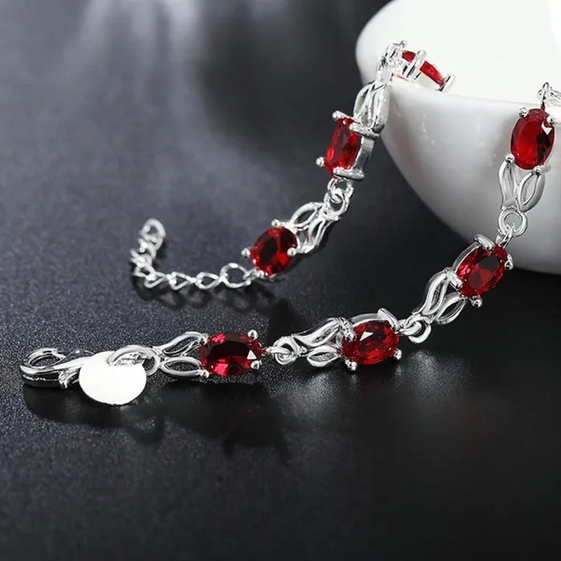 925 Sterling Silver Elegant Charm Beautiful Crystal Stone Red Jewelry Fashion for Women Wedding Bracelets