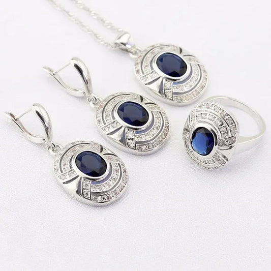 Blue Zircon White Zircon Silver Jewelry Sets for Women  Silver  Necklace and Pendant Rings Drop Earrings