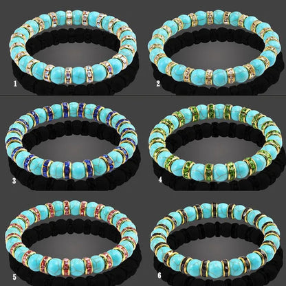 Blue turquoise and green point hand natural Vintage bracelet rhinestone rope men's and women's elastic casual bracelet prayer yoga pendant jewelry