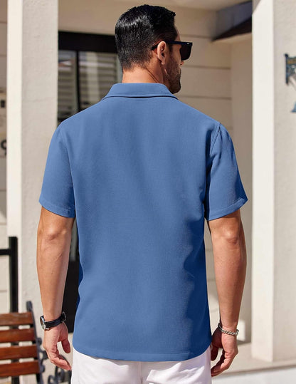 Mens Short Sleeve Button down Shirts Waffle Shirt Casual Beach Summer Shirts Wrinkle Free Vacation Shirts