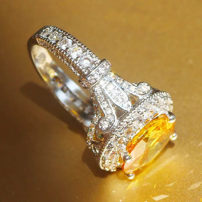 Luxurious  Silver Natural Gemstones Yellow Diamond Topaz Wedding Birthstone Bride Flower Engagement Ellipse Ring Jewelry Size 678910