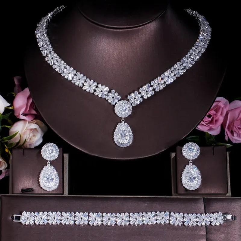 Gloriya Sparkling Cubic Zirconia Water Drop Pendant Necklace Earrings and Bracelet for Women White Gold Plated Latest Luxury Bridal Wedding Jewelry 3 Pcs Set