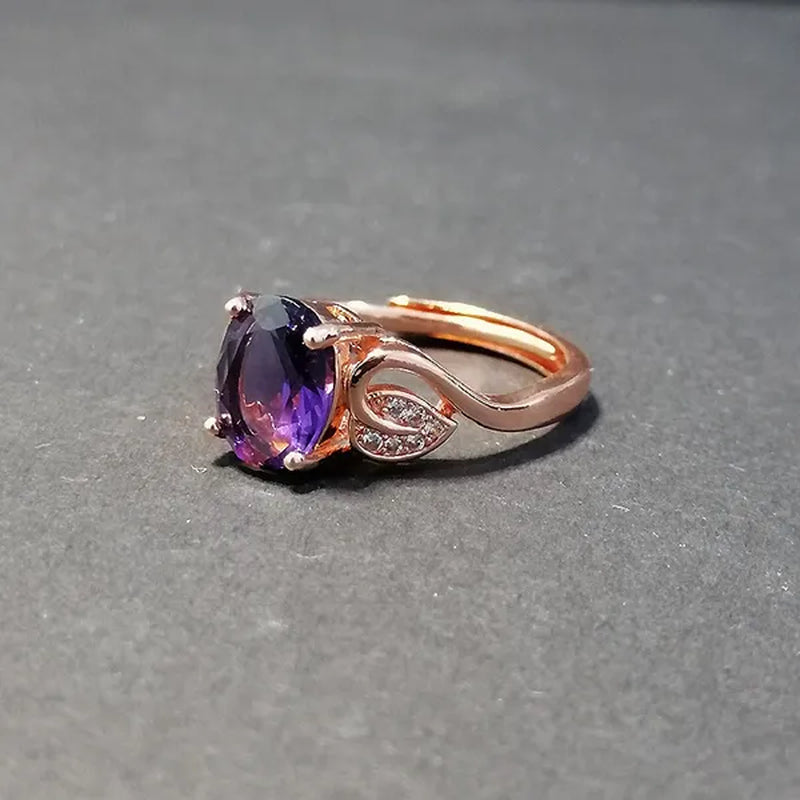 Fashion Amethyst Flower Pendant Necklace Water Drop Cubic Ziconia Earrings Four Leaf Clover Bracelet Double Heart Open-End Ring Jewelry Set For Women Gift