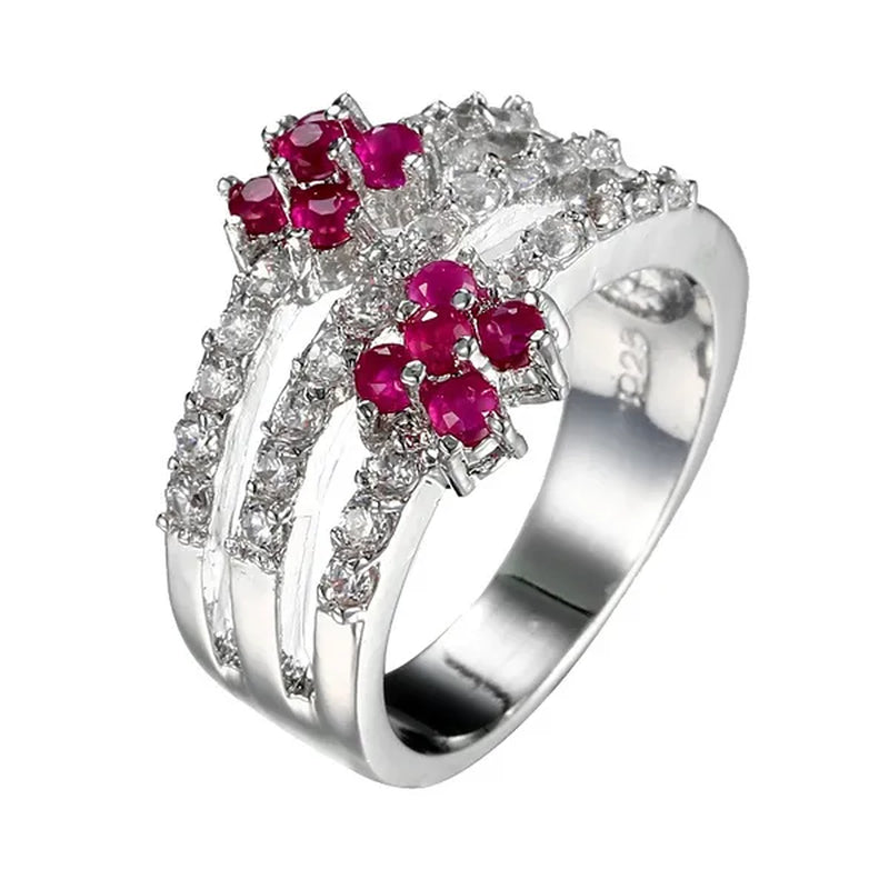 Fashion Women 925 Sterling Silver Red Ruby & White Topaz Branch Ring Bridal Wedding Jewelry