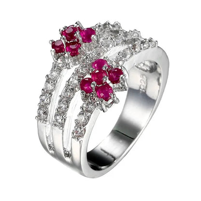 Fashion Women 925 Sterling Silver Red Ruby & White Topaz Branch Ring Bridal Wedding Jewelry