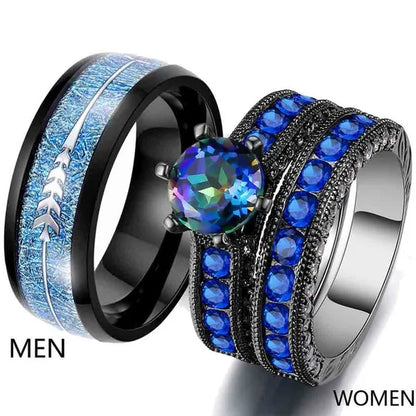 Couple Rings (2 Rings) Sz6-13 His and hers Ring 8mm Sapphire Women's Wedding Ring Sets Black Titanium steel Men's Ring Wedding Bands