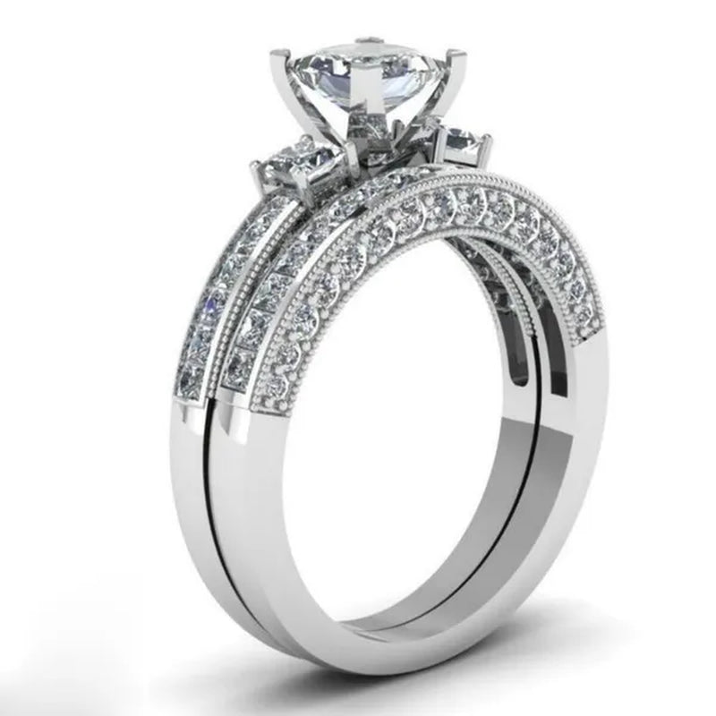 YOHAPP NEW Fashion Couple Rings Set Jewelry - Men's 8mm 316L Stainless Steel Titanium Ring and Women's Three Stone Princess Cut 1CT Diamond   Silver  Bridal Wedding Engagement Band Ring