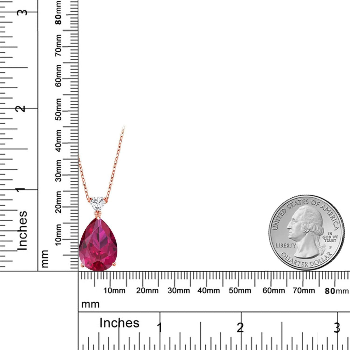 18K Rose Gold Plated Silver Pear Shape Red Created Ruby Pendant Necklace for Women 13.77 Cttw, with 18 Inch Chain)