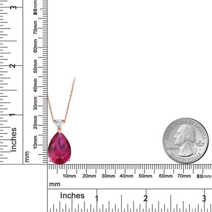 18K Rose Gold Plated Silver Pear Shape Red Created Ruby Pendant Necklace for Women 13.77 Cttw, with 18 Inch Chain)