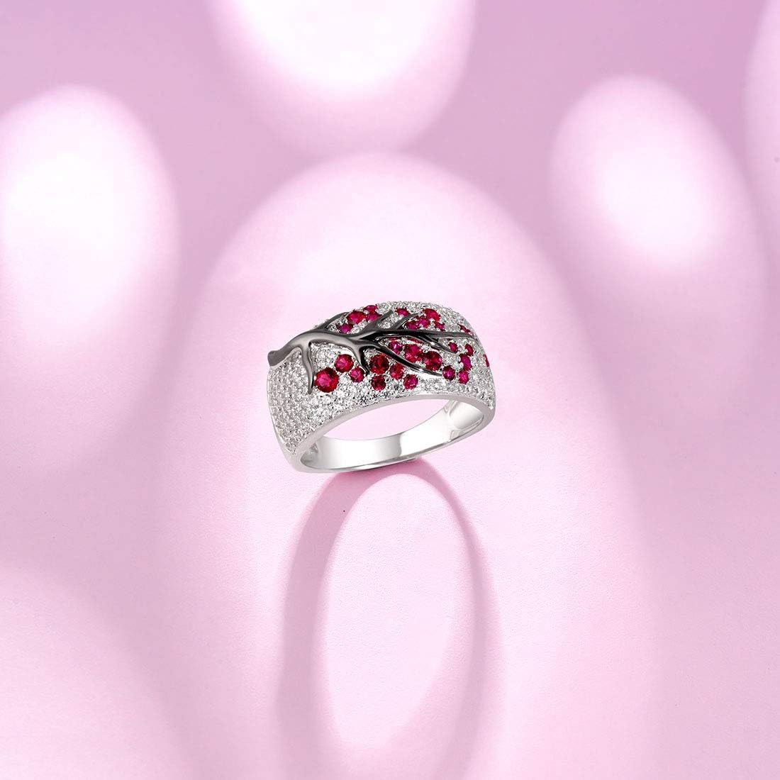 925 Sterling Silver Cherry Ring Cubic Zirconia Tree Branches Ring for Women