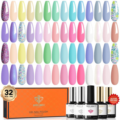 32Pcs Gel Nail Polish Set, 28 Colors 7ML Gel Polish Set with Glitter & Glossy & Matte Gel Top + Base Coat Pastel Macaron Colors, 2024 Spring Gel Polish Kit Trendy Nail Art for Women Girls