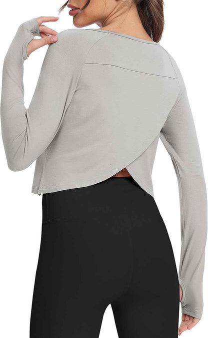 Long Sleeve Athletic Workout Shirts Sports Yoga Gym Crop Tops for Women
