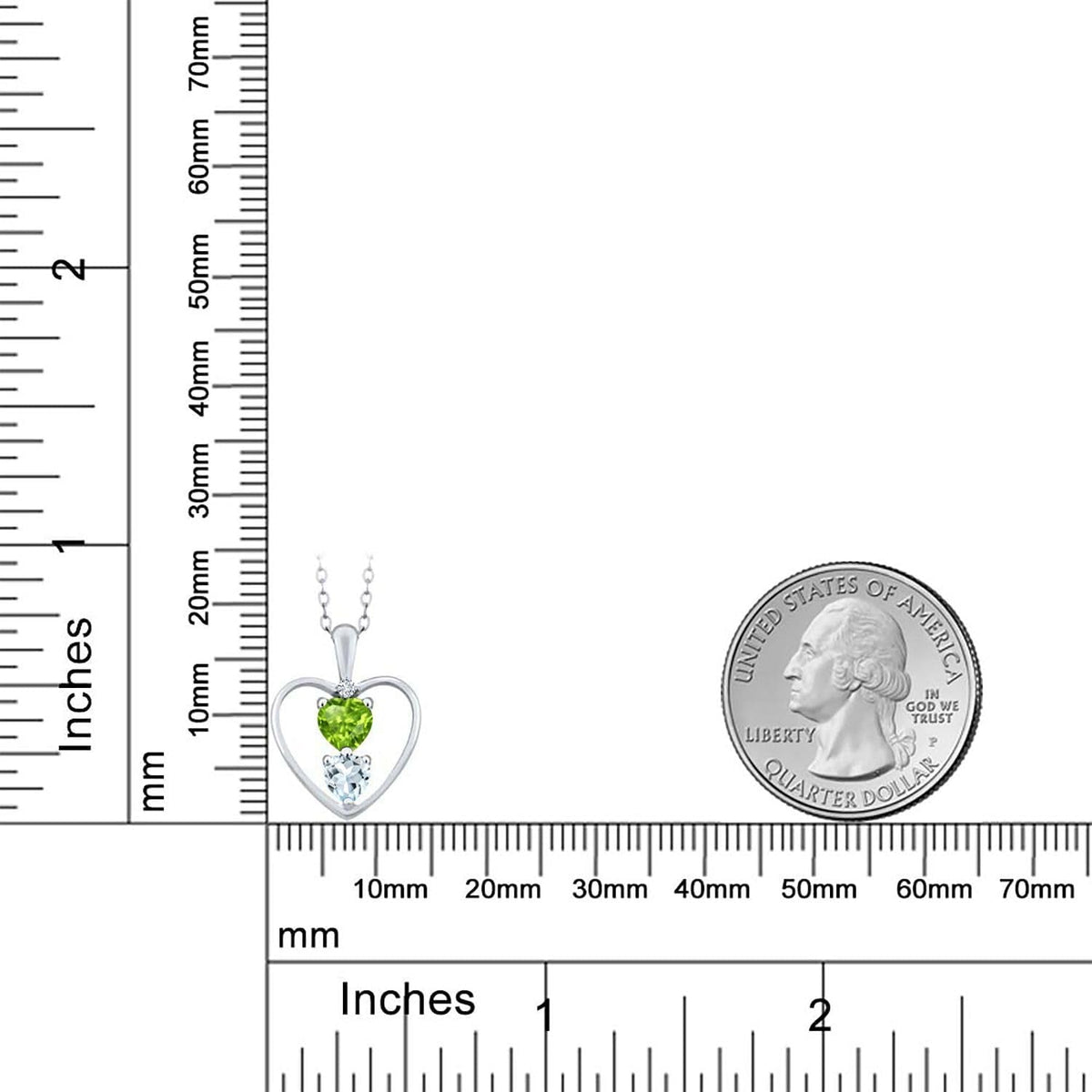 925 Sterling Silver Green Peridot Sky Blue Aquamarine and White Diamond Pendant Necklace for Women (0.67 Cttw, Heart 5MM and 4MM, with 18 Inch Silver Chain)