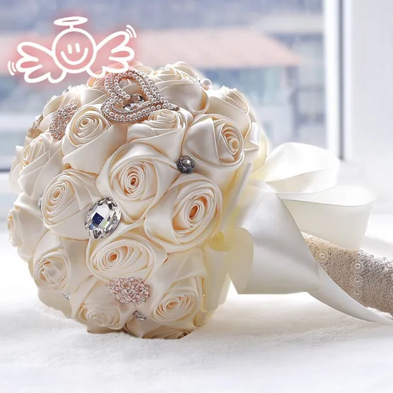 21CM Satin Ribbon Roses Wedding Bouquet Pearl Crystal Brooch Bride Holding Flowers Artificial Rose Wedding Flower Bridesmaid Bouquet. Multi-color Optional