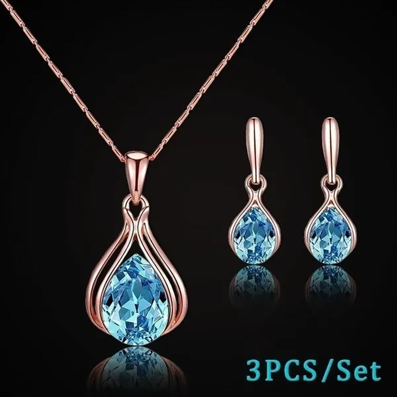 3PCS / Set New Luxury Design Luxury Wedding Pendant Earrings Rose Gold Green Blue Gem Necklace Earring Crystal Pendant Set Jewellery Set