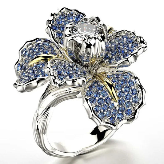 Silver Ring Iris Flower Two Tone Ring Blue Sapphire Flower Engagement Cocktail Ring Statement Crown Ring Natural Gemstones Ring Wedding Bride Engagement Band Charm Party Ring Jewelry